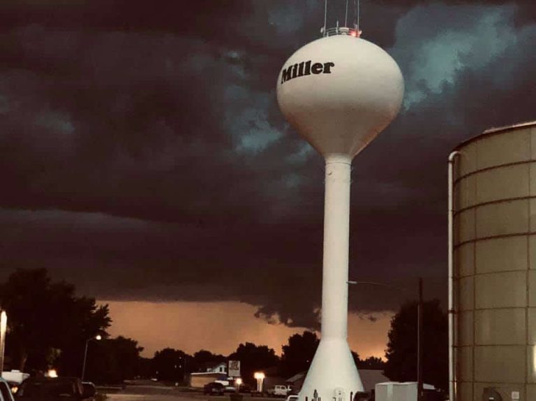 The water tower in the City of Miller in South Dakota